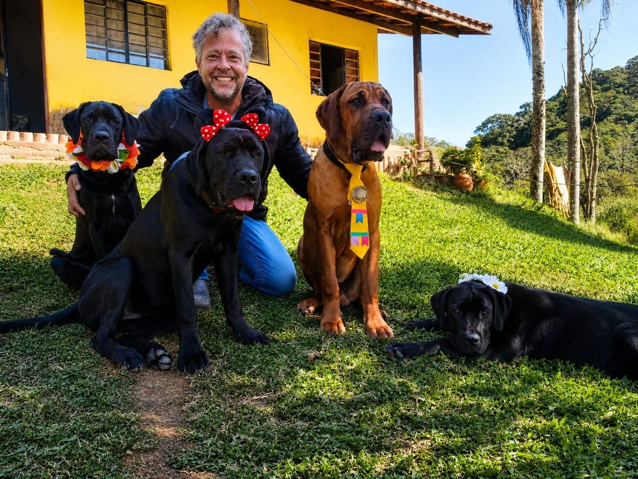 João sorrindo ao lado dos seus quatro cães, em frente à casa